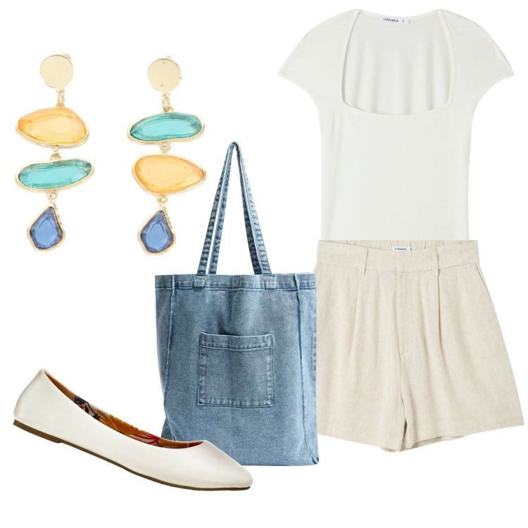 Outfit donna - Estate in shorts. Stile Casual chic per Tutti i giorni. Abbinamento con ballerine, bermuda, shopping bag, t-shirt, orecchini.