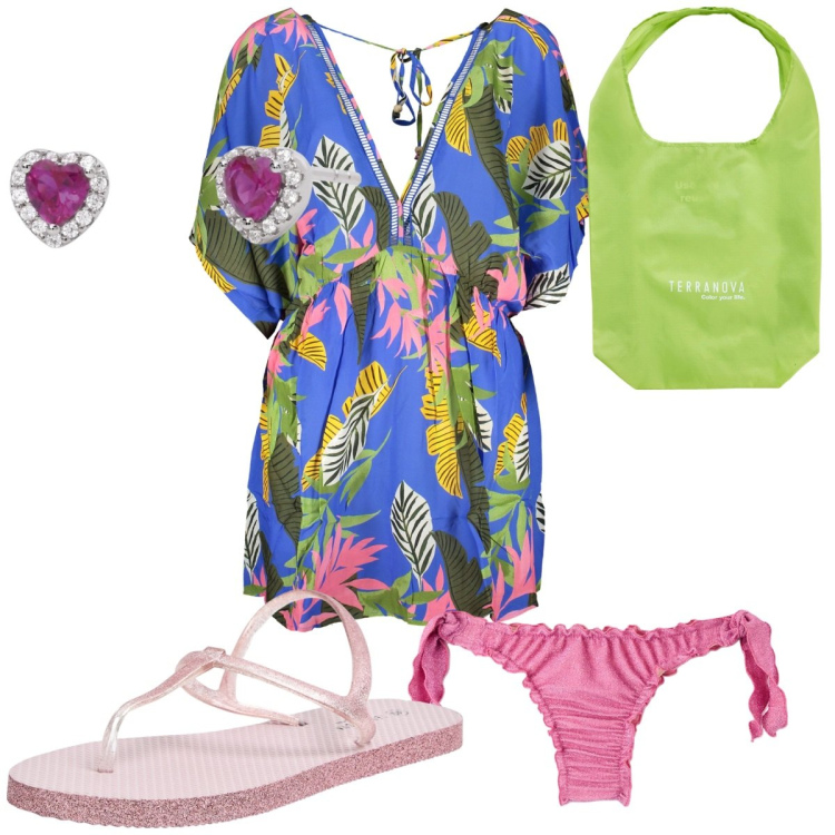 Outfit donna - Total look #1884574. Stile Trendy per Mare. Abbinamento con sandali, bikini, shopping bag, orecchini, vestiti corti.