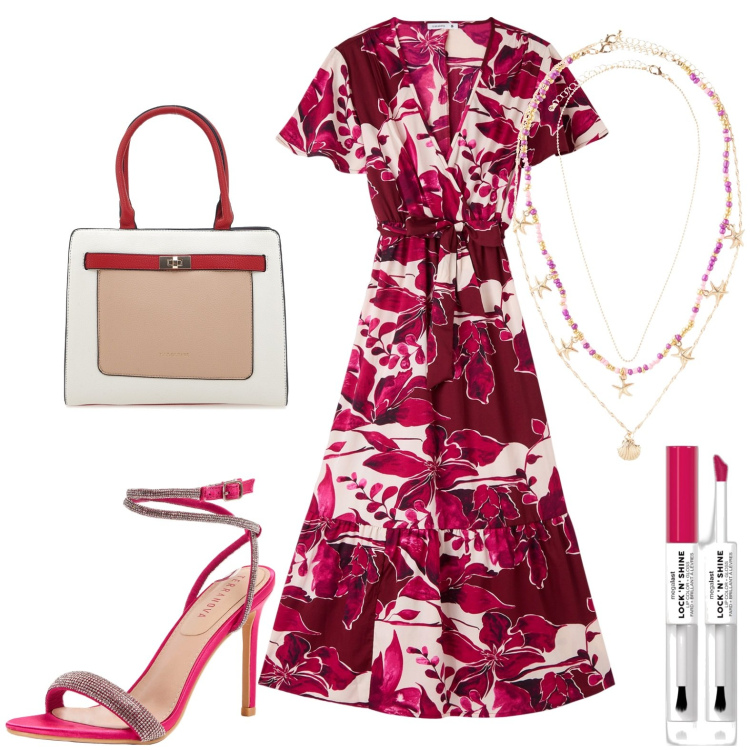 Outfit donna - Estate. Stile Chic per Tutti i giorni. Abbinamento con ciondoli, rossetti, vestiti lunghi, sandali col tacco, borse a spalla.