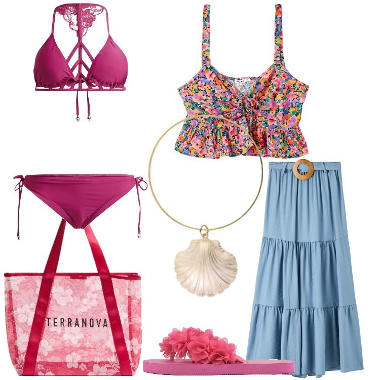 Outfit donna - Bantoa Summer Outfits. Stile Romantica per Mare. Abbinamento con bikini, shopping bag, gonne lunghe, top, braccialetti, infradito.