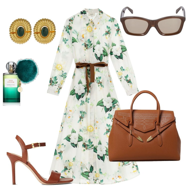 Outfit donna - Folie d\'un soir. Stile Vintage retrò per Cerimonia. Abbinamento con profumi, vestiti lunghi, sandali in pelle, occhiali da sole, orecchini, borse a mano.