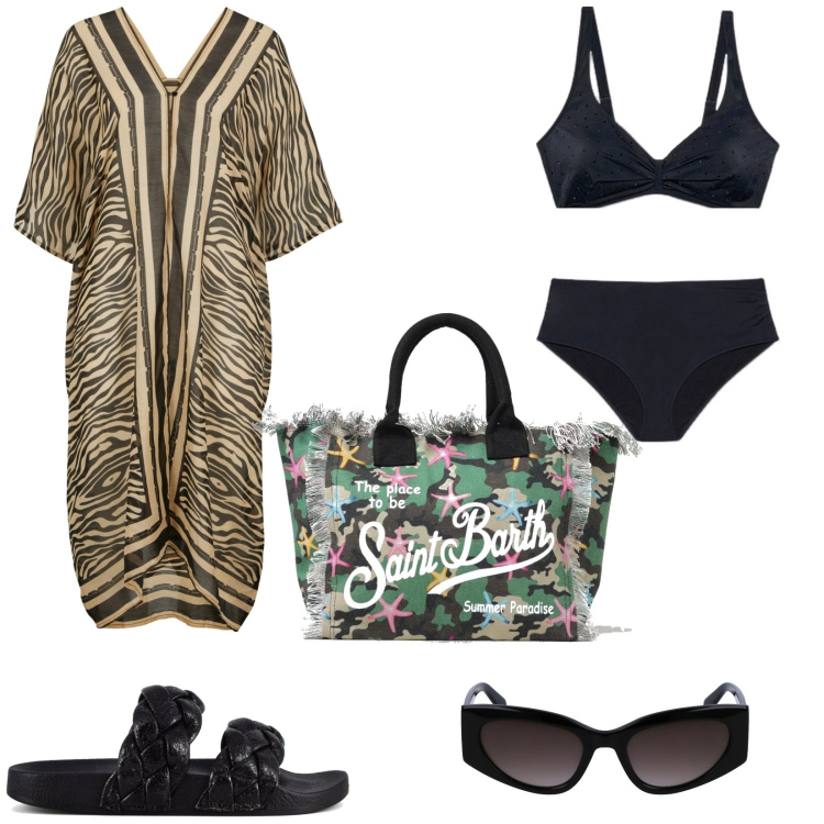 Outfit donna - Prima gita al mare. Stile Trendy per Mare. Abbinamento con vestiti da spiaggia, ciabatte, bikini, borse tote, occhiali da sole.