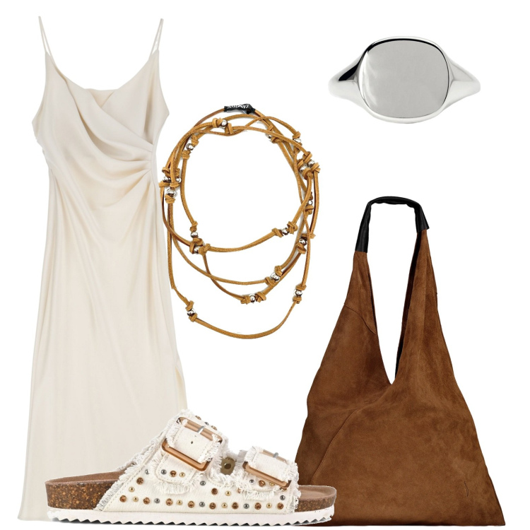 Outfit donna - Sere d\'estate. Stile Casual per Tutti i giorni. Abbinamento con collane, anelli, vestiti midi/longuette, sandali, borse a spalla.