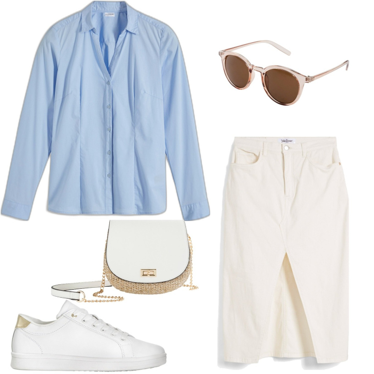 Outfit donna - Bianco e azzurro. Stile Casual per Tutti i giorni. Abbinamento con camicie, borse a tracolla, occhiali da sole, gonne longuette, sneakers.