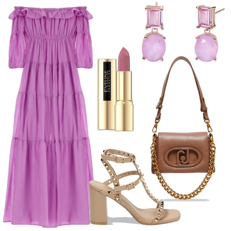 Outfit donna - Una moderna romantica. Stile Romantica per Serata fuori. Abbinamento con rossetti, orecchini, sandali col tacco, vestiti lunghi, borse a tracolla.