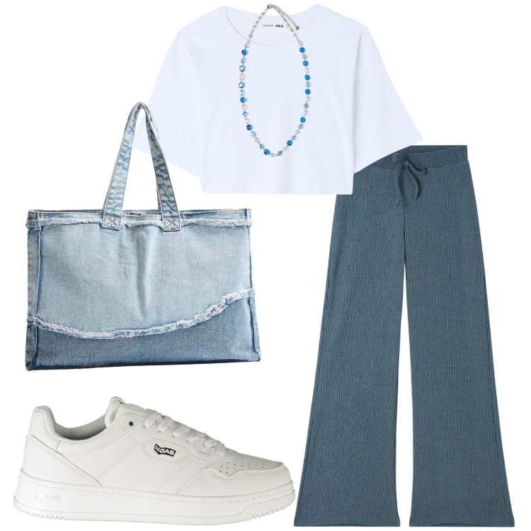 Outfit donna - Giornata relax. Stile Casual per Tutti i giorni. Abbinamento con pantaloni, t-shirt, shopping bag, sneakers, collane.