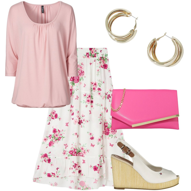 Outfit donna - La blusa rosa antico. Stile Romantica per Ufficio. Abbinamento con maglieria, gonne lunghe, pochette, orecchini, sandali.