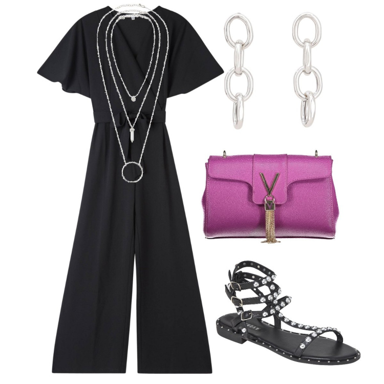 Outfit donna - La jumpsuit nera. Stile Casual chic per Serata fuori. Abbinamento con ciondoli, tute, sandali, orecchini, borse a tracolla.
