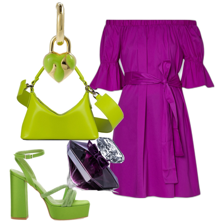 Outfit donna - Summertime. Stile Glamour per Serata fuori. Abbinamento con profumi, vestiti corti, sandali col tacco, orecchini, borse a mano.