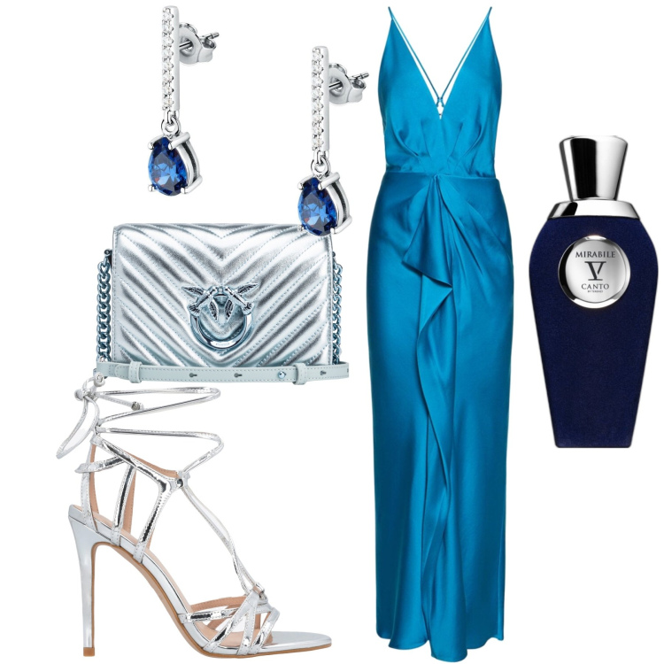 Outfit donna - Evento. Stile Glamour per Serata fuori. Abbinamento con orecchini, profumi, sandali in pelle, borse a tracolla, vestiti.