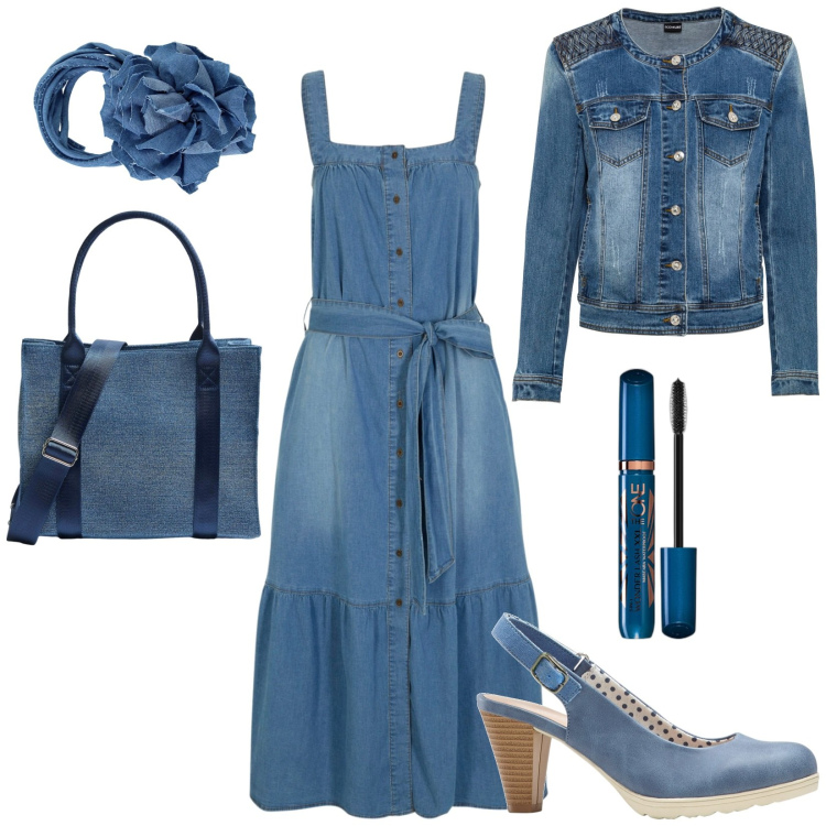 Outfit donna - In denim. Stile Casual per Tutti i giorni. Abbinamento con vestiti, décolleté, blazer, mascara, shopping bag, collane.