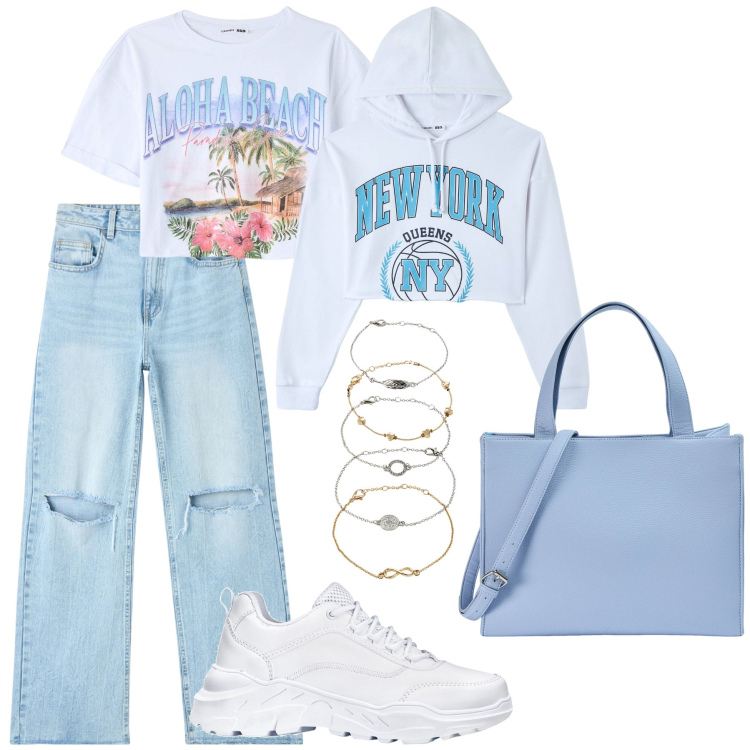 Outfit donna - Gita scolastica. Stile Casual per Scuola/Università. Abbinamento con braccialetti con ciondoli, sneakers, jeans strappati, t-shirt, shopping bag, felpe con cappuccio.