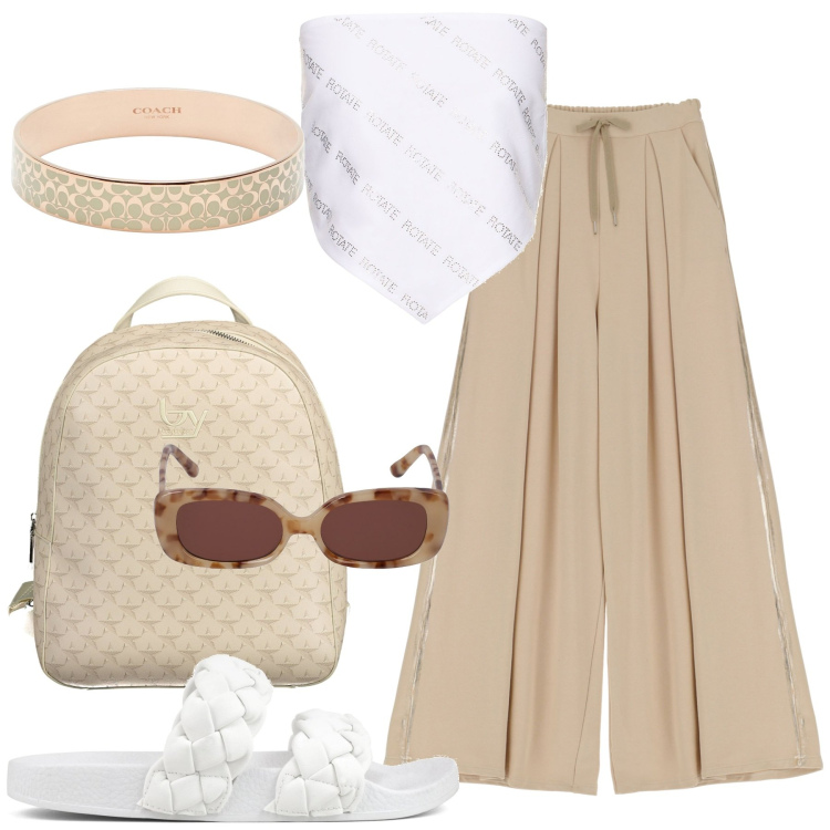 Outfit donna - Total look #1884834. Stile Casual per Tutti i giorni. Abbinamento con braccialetti, pantaloni a palazzo, ciabatte, top, occhiali da sole, zaini.