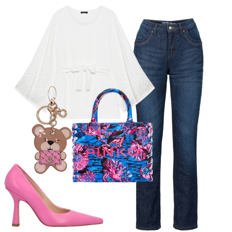 Outfit donna - Casual bit chic. Stile Casual chic per Tutti i giorni. Abbinamento con jeans dritti, shopping bag, bluse, portachiavi, décolleté.