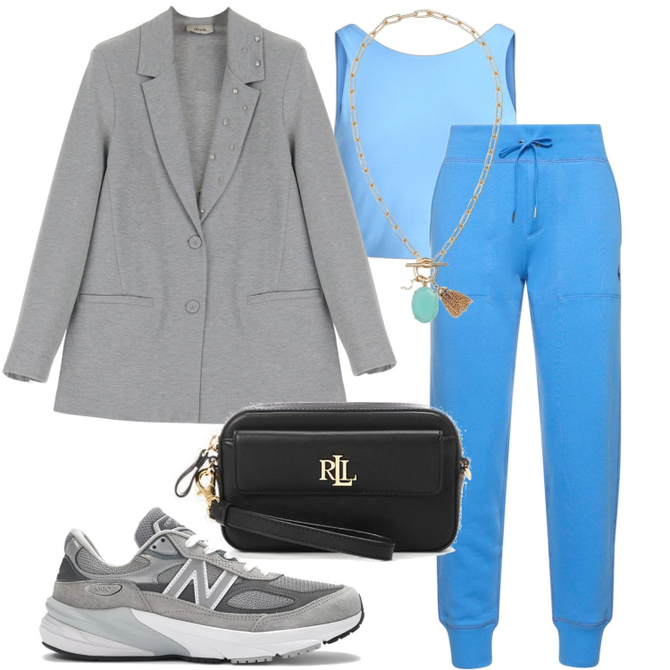 Outfit donna - Sport chic. Stile Casual per Tutti i giorni. look ideale per Petite. Abbinamento con sneakers, blazer, pochette, collane, canottiere, pantaloni.