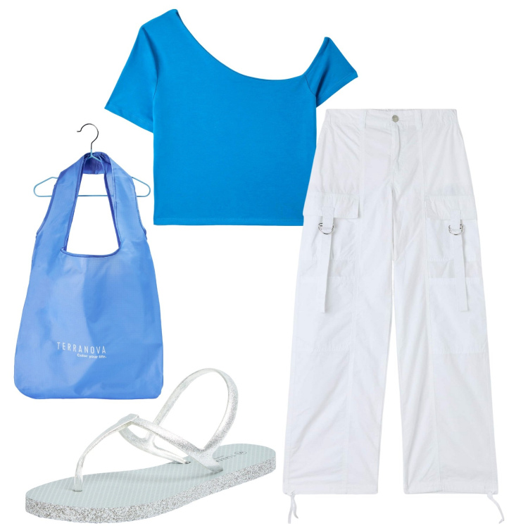 Outfit donna - Total look #1884845. Stile Casual per Tutti i giorni. Abbinamento con sandali, pantaloni cargo, shopping bag, t-shirt.