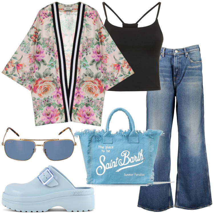 Outfit donna - Total look #1884847. Stile Urban per Tutti i giorni. Abbinamento con blazer, zoccoli, jeans, canottiere, borse a spalla, occhiali da sole.