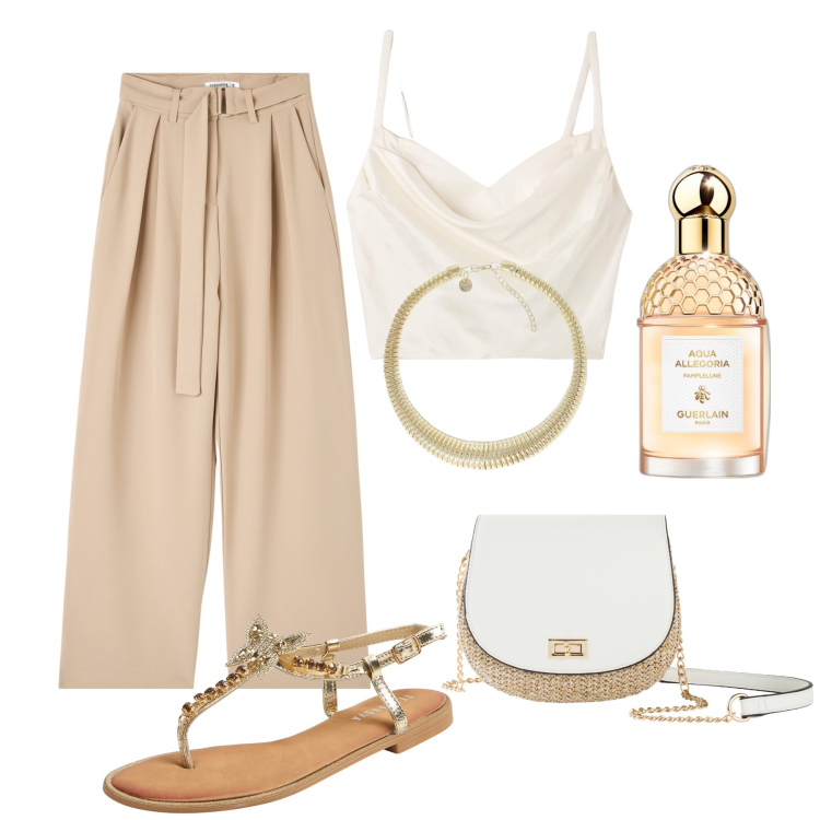 Outfit donna - Fresca serata con gli amici. Stile Glamour per Serata fuori. Abbinamento con borse a tracolla, profumi, pantaloni, top, sandali gioiello, collane.