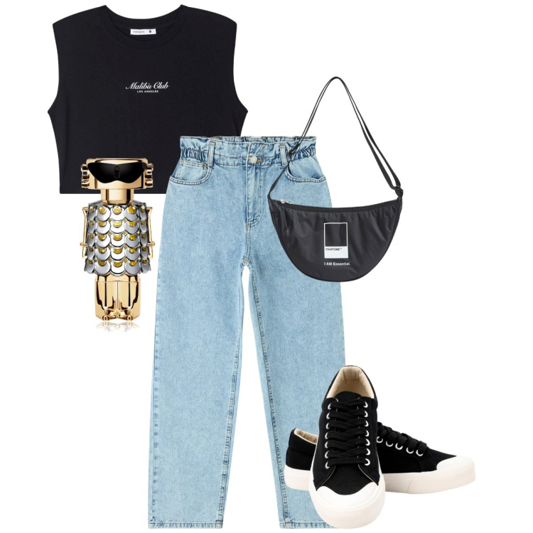 Outfit donna - Tutti i giorni. Stile Basic per Tutti i giorni. look ideale per Tall. Abbinamento con profumi, t-shirt, marsupi, jeans, sneakers.
