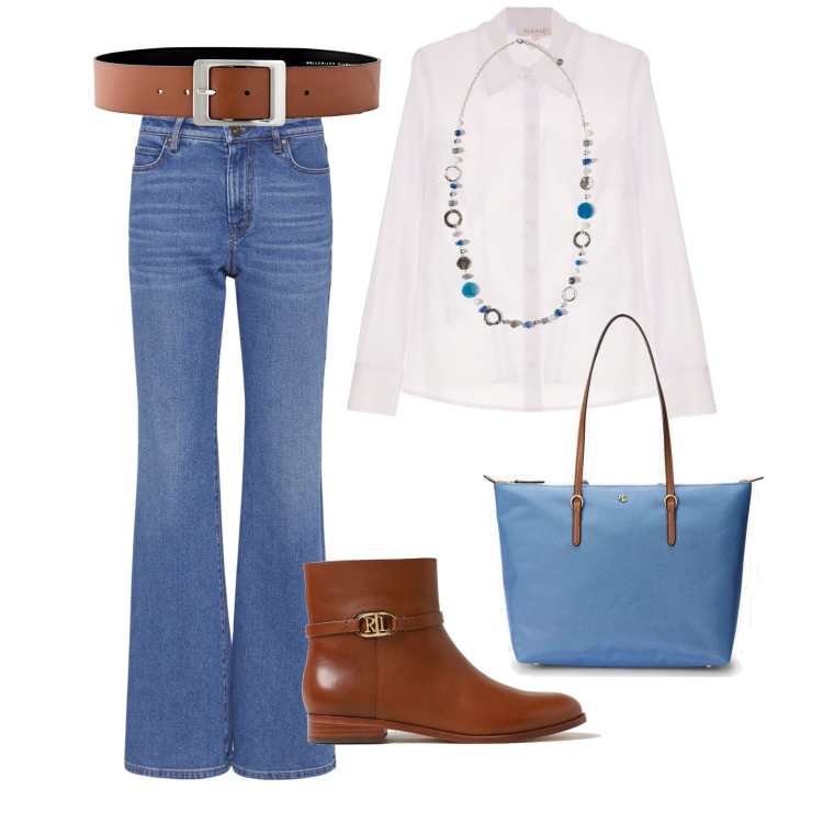 Outfit donna - L’ultimo esame all’università. Stile Minimal per Scuola/Università. Abbinamento con cinture, camicie, borse tote, jeans, ciondoli, stivaletti.