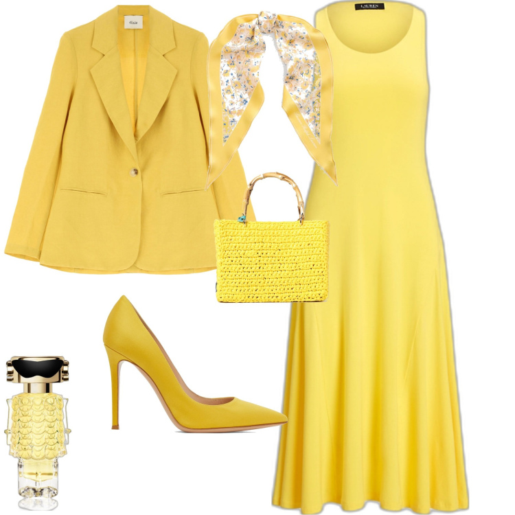 Outfit donna - Chic cerimonia evento serata. Stile Chic per Cerimonia. Abbinamento con profumi, blazer, vestiti senza maniche, foulard, borse a mano, décolleté.