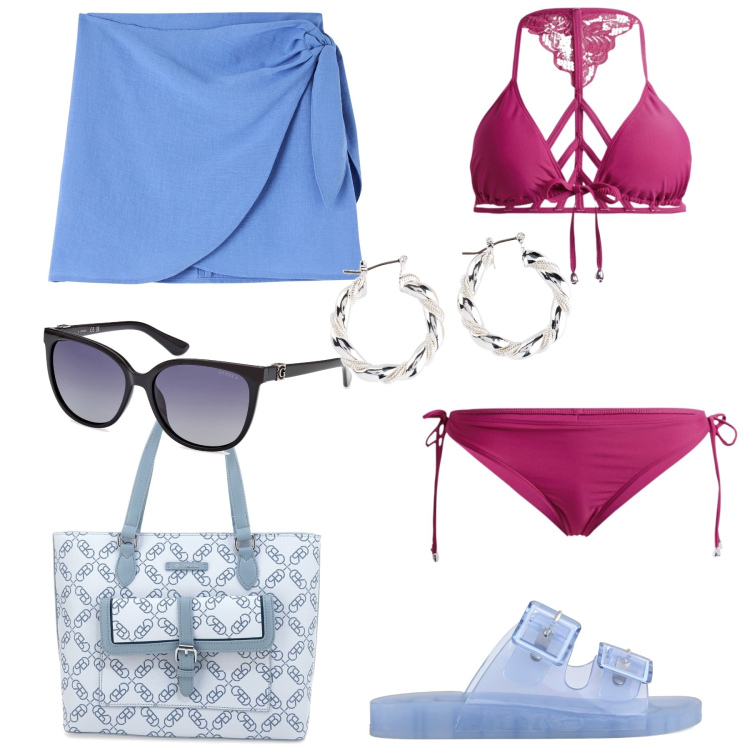Outfit donna - Bantoa summer. Stile Glamour per Mare. Abbinamento con orecchini, bikini, vestiti da spiaggia, sandali, occhiali da sole, borse a spalla.