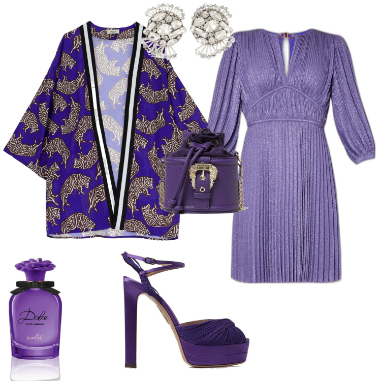 Outfit donna - Glamour serata evento cena. Stile Glamour per Serata fuori. Abbinamento con profumi, cardigans, vestiti corti, sandali col tacco, orecchini, borse a mano.