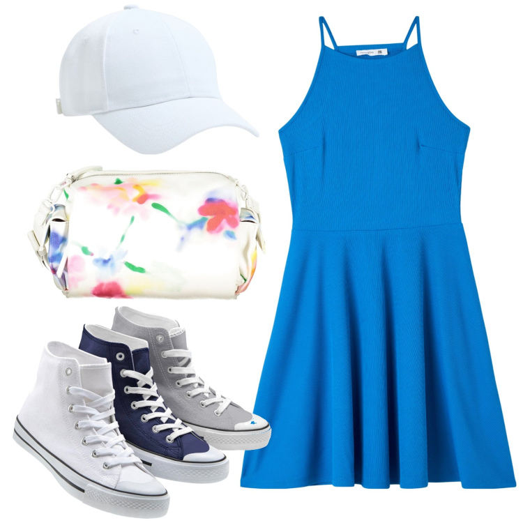 Outfit donna - Tris!. Stile Sporty chic per Tutti i giorni. Abbinamento con sneakers alte, cappelli, vestiti corti, borse a tracolla.