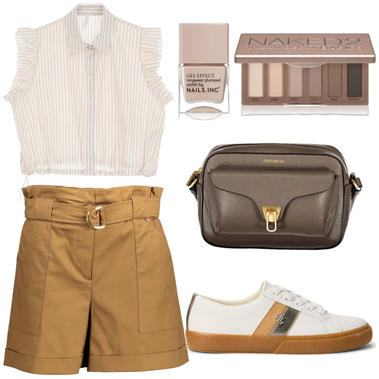 Outfit donna - Free time. Stile Casual per Tutti i giorni. Abbinamento con ombretti, smalti, camicie a manica corta, sneakers, pantaloni, borse a tracolla.