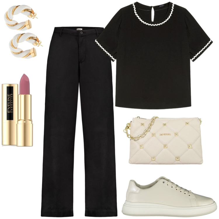 Outfit donna - Total look #1884941. Stile Casual per Tutti i giorni. Abbinamento con orecchini, rossetti, pochette, pantaloni, bluse, scarpe sportive.