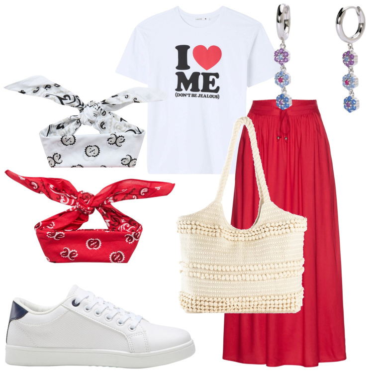 Outfit donna - I love me. Stile Casual per Serata fuori. Abbinamento con gonne lunghe, shopping bag, sneakers, t-shirt, fasce per capelli, orecchini.