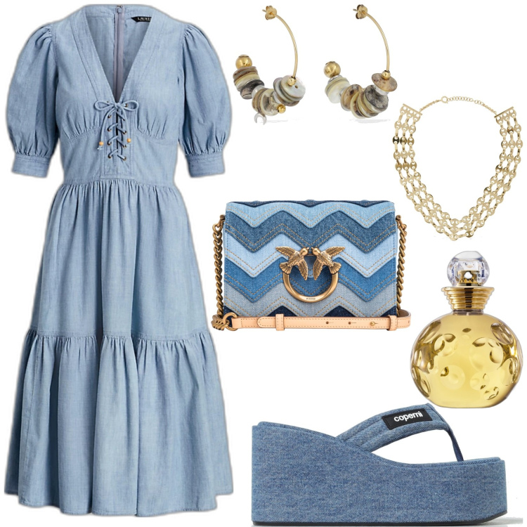 Outfit donna - Trendy style. Stile Trendy per Tutti i giorni. Abbinamento con profumi, borse a tracolla, vestiti, sandali col tacco, orecchini, collane.