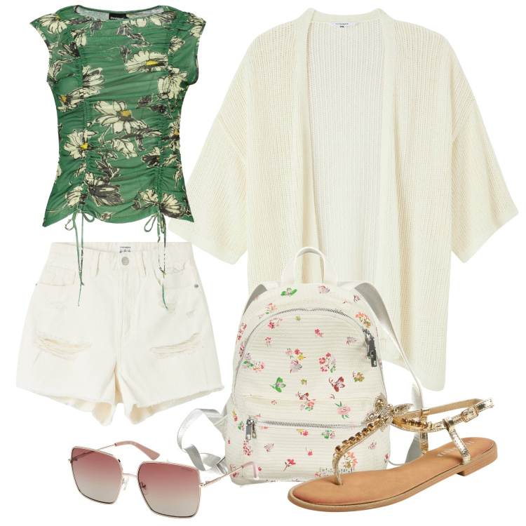 Outfit donna - Total look #1884953. Stile Trendy per Mare. Abbinamento con shorts, kimono, sandali gioiello, zaini, canottiere, occhiali da sole.