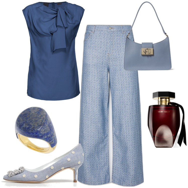 Outfit donna - Total look #1884955. Stile Casual per Ufficio. Abbinamento con profumi, top, jeans, anelli, décolleté, borse a spalla.