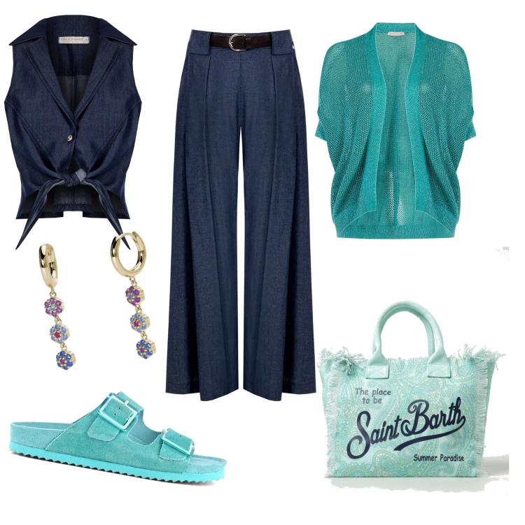 Outfit donna - Total look #1884965. Abbinamento con orecchini, pantaloni a palazzo, cardigans, gilet, sandali, borse tote.