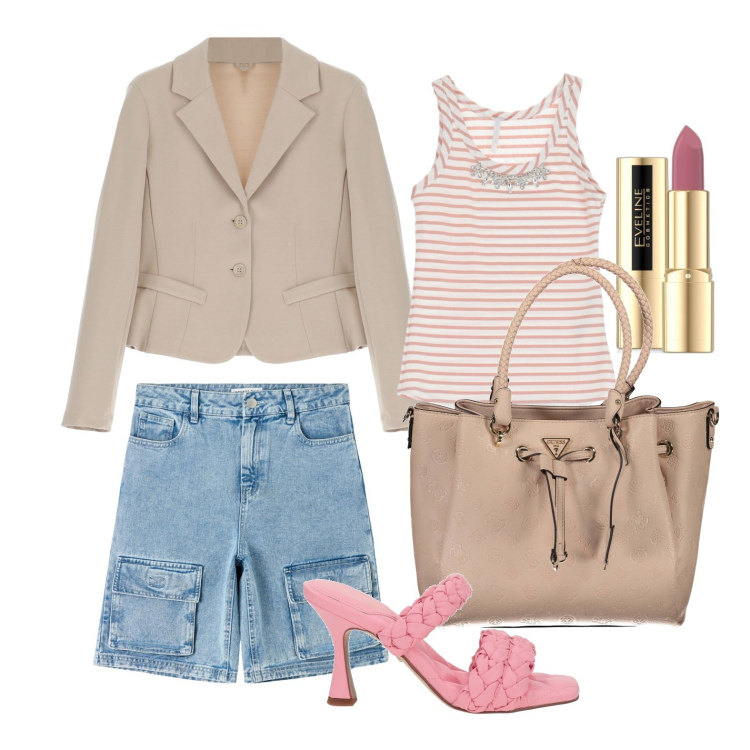 Outfit donna - Ghost outfitter - maggio. Stile Casual chic per Tutti i giorni. Abbinamento con sandali col tacco, rossetti, bermuda, blazer, top, borse a spalla.