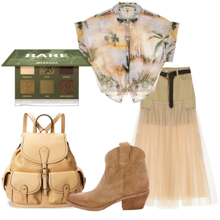 Outfit donna - Bantoa Summer Outfits. Stile Etnico per Tutti i giorni. Abbinamento con ombretti, zaini, gonne lunghe, stivaletti texani, camicie a manica corta.