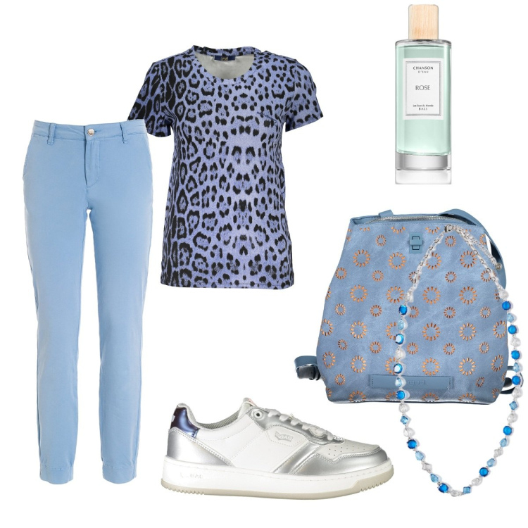 Outfit donna - Amioagio. Stile Basic per Ufficio. Abbinamento con collane, profumi, pantaloni, zaini, sneakers, t-shirt.