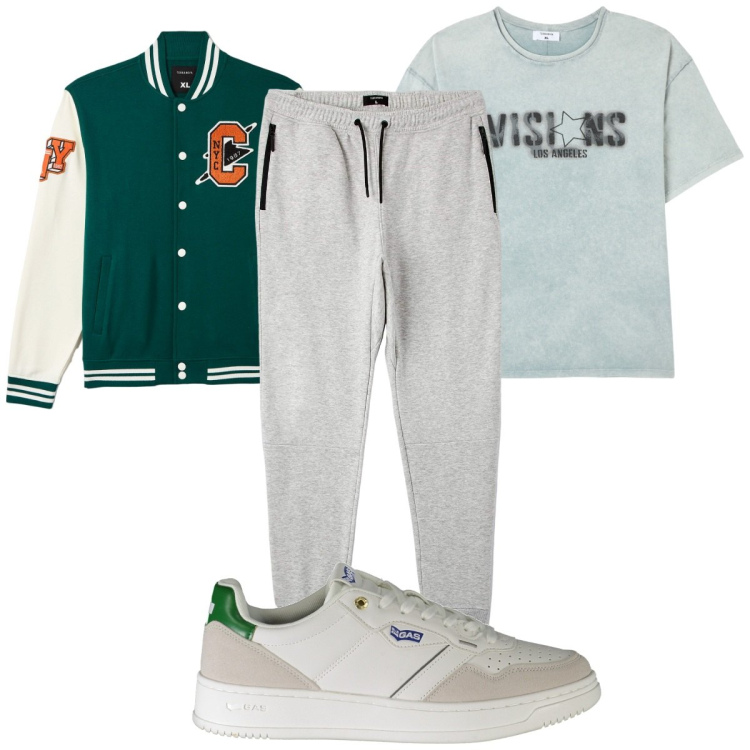 Outfit uomo - Total look #1885012. Stile Trendy per Tutti i giorni. Abbinamento con t-shirt, pantaloni, bomber, sneakers.