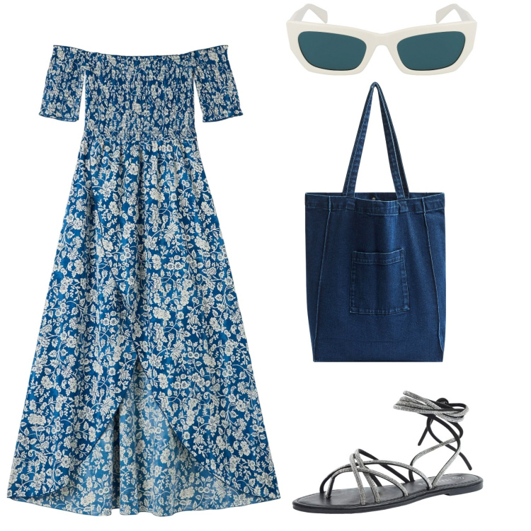 Outfit donna - Bucolica. Stile Trendy per Tutti i giorni. Abbinamento con vestiti lunghi, sandali alla schiava, shopping bag, occhiali da sole.