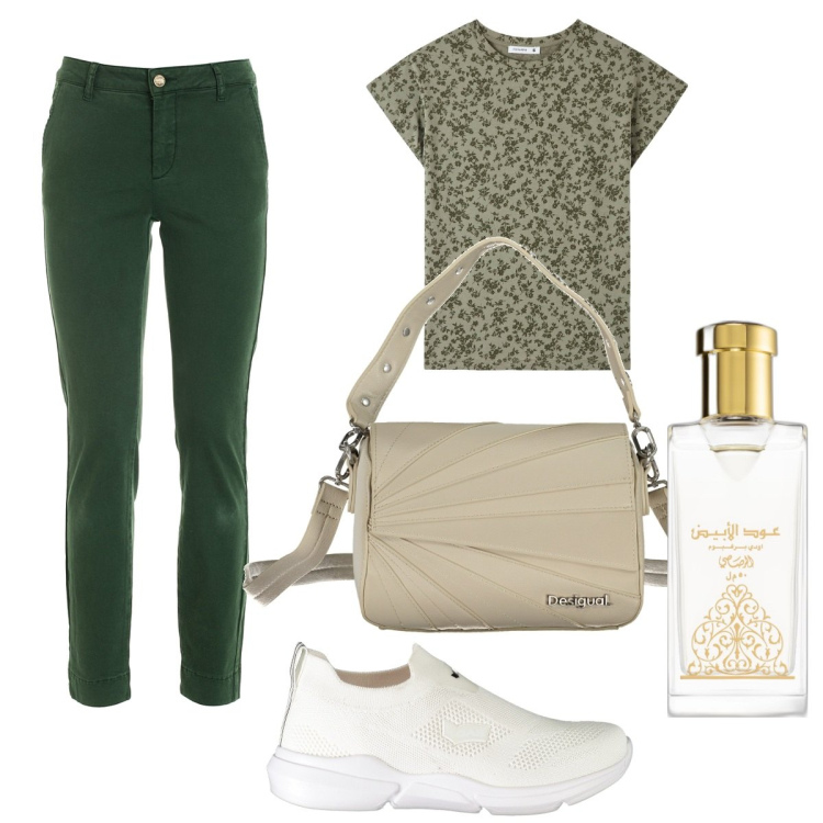 Outfit donna - Ascuola. Stile Basic per Scuola/Università. Abbinamento con profumi, t-shirt, pantaloni, sneakers, borse a spalla.