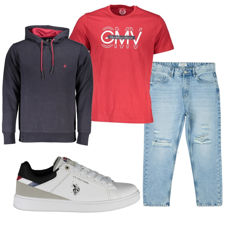 Outfit uomo - Total look #1885039. Stile Casual per Tutti i giorni. Abbinamento con jeans strappati, felpe con cappuccio, scarpe sportive, t-shirt.