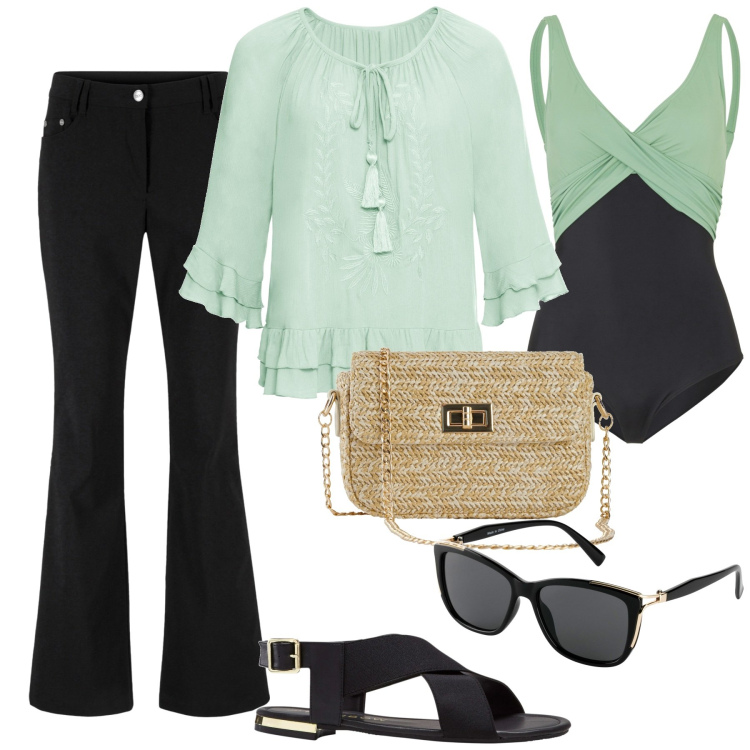 Outfit donna - Total look #1885041. Stile Boho per Mare. Abbinamento con costumi interi, pantaloni, sandali, tuniche, occhiali da sole, borse a mano.