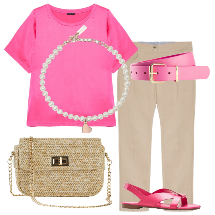 Outfit donna - Maglia fucsia. Stile Casual per Ufficio. Abbinamento con cinture, sandali, borse a mano, braccialetti, pantaloni, bluse.