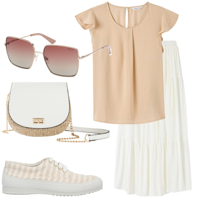 Outfit donna - Trendy sneakers. Stile Trendy per Ufficio. Abbinamento con borse a tracolla, sneakers, bluse, gonne lunghe, occhiali da sole.