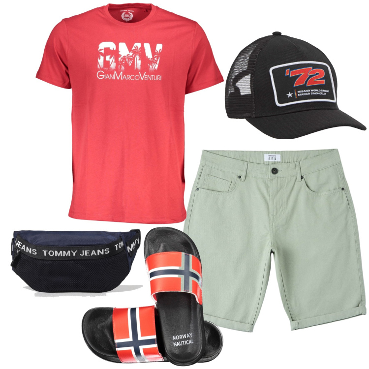 Outfit uomo - Modalità vacanza. Stile Urban per Mare. Abbinamento con cappelli, pantaloni, t-shirt, borse sportive, sandali.