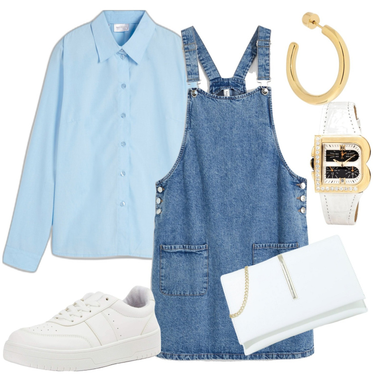 Outfit donna - In tuta dappertutto. Stile Glamour per Tutti i giorni. look ideale per Petite. Abbinamento con orologi, salopette, camicie, pochette, orecchini, sneakers.