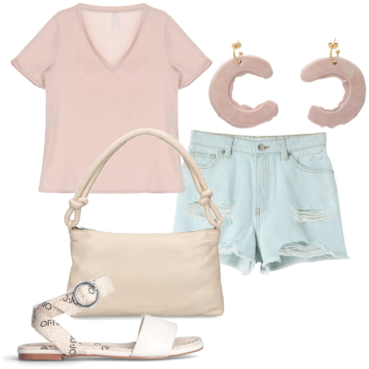 Outfit donna - Comoda. Stile Sporty chic per Tutti i giorni. Abbinamento con orecchini, shorts, t-shirt, borse a spalla, sandali.