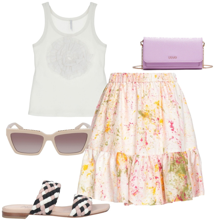 Outfit donna - Total look #1885068. Stile Romantica per Tutti i giorni. Abbinamento con minigonne, sandali in pelle, top, occhiali da sole, pochette.