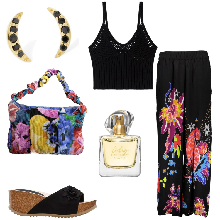 Outfit donna - Total look #1885078. Stile Casual per Tutti i giorni. Abbinamento con sandali, profumi, top, orecchini, borse a spalla, pantaloni.